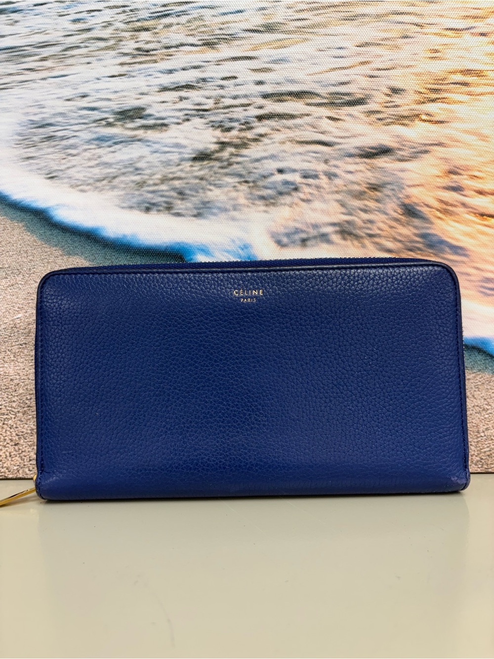Celine Blue Grained Calfskin Large Zipped Multifunction Long Wallet Philo Era